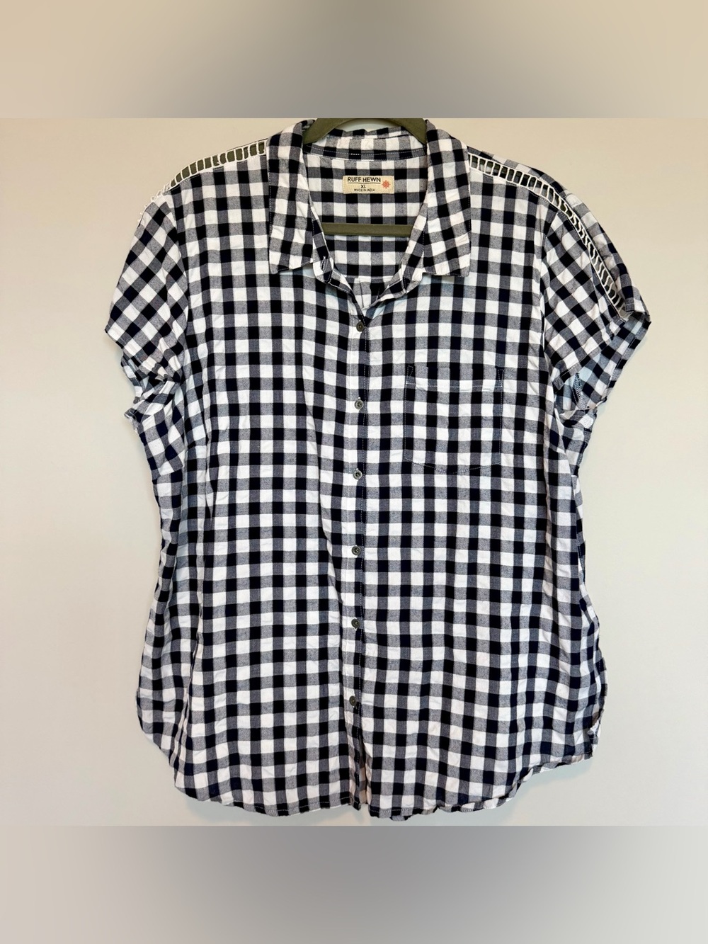 Ruff Hewn Navy Blue and White Gingham Button-Down Shirt | Size XL